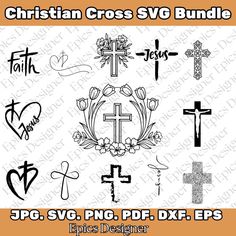 the christian cross svg bundle is shown in black and white, with different designs