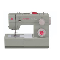 the singer heavy duty sewing machine is grey with red and white buttons on it's side