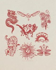 an image of tattoos on paper with red ink in the shape of animals and birds