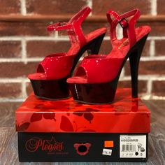 New Pleaser Kiss 209 Black Heel With Red Upper 6" Spike Heel (15.2cm), 1 3/4" (4.5cm) Platform Ankle Strap Sandal Red Glitter Heels, Fun Couple Games, Clear Platform Heels, Red Platform Heels, Pleaser Heels, Red Platform, Dance Heels, Pleaser Shoes, Glitter Heels