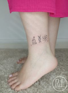 a woman's foot with small tattoos on the side of her body and feet