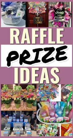 the words raffle prize ideas are shown in black and white, with images of items on