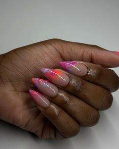 This nail design features a vibrant marbling effect with swirls of neon pink, orange, and white, perfect for summer festivals or a bold everyday look. This style exemplifies how well bright colors can pop on darker skin.   Photo credit by: @dovenailsbysharon Swirl Marble Nails, Marble Nails Summer Vibes, Nexgen Nails Ideas Summer, Pink Nails For Dark Skin, Almond Abstract Nails, Bright Marble Nails, Nails For Tropical Vacation, Vacations Nails, Nails Summer Inspiration