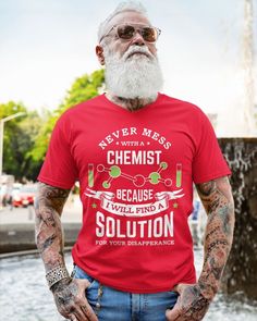 an old man wearing a red happy camper t - shirt