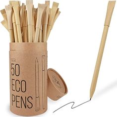 an eco - friendly pencil holder with 50 bamboo sticks in it and the top one is empty