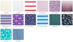 the different patterns and colors of fabrics are shown in this image, including blue, pink,