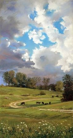 a painting of cows grazing in a green pasture under a cloudy blue sky with white clouds