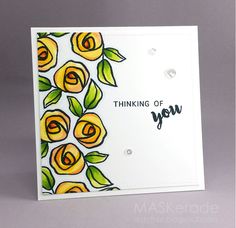 a handmade card with yellow roses and the words thinking of you written on it