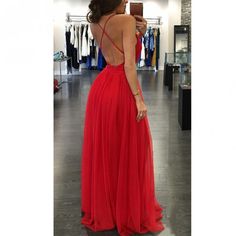 Red Spaghetti Strap Dress For Prom, Red Spaghetti Strap Evening Dress For Prom, Red Spaghetti Strap Dress For Prom Season, Spaghetti Strap Maxi Dress With Back Opening For Prom, Summer Homecoming Floor-length Gown, Floor-length Summer Homecoming Gown, Party Maxi Dress With Sweep Train And Split, Split Maxi Dress With Sweep Train For Prom, Red Chiffon Evening Dress For Prom