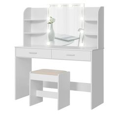 a white vanity with lights on it and a stool