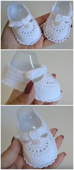 two pictures of white crocheted baby shoes