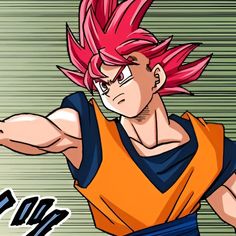 an anime character with pink hair and orange shirt pointing at something in front of him