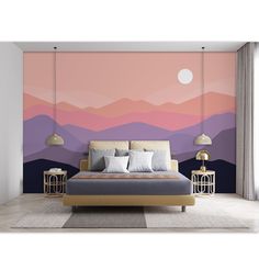 a bedroom with a bed, nightstands and paintings on the wall behind it that is painted in shades of pink and purple