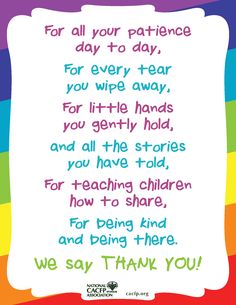 a rainbow colored thank card with the words, for all your patients day to day