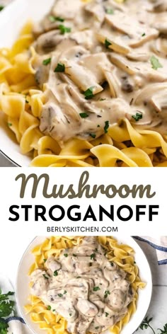 mushroom stroganoni with creamy cream sauce in a white bowl and on a plate