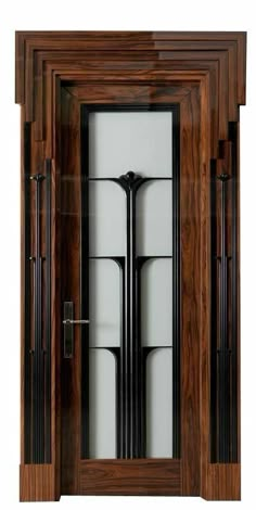 an art deco door with glass panels and wood trimmings on the front panel