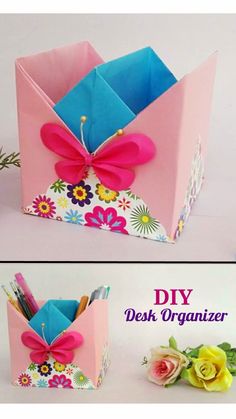 two pictures showing how to make an origami desk organizer with flowers and pencils