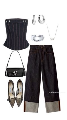 a woman's outfit and accessories including shoes, belted top, jeans, purse