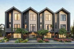 an artist's rendering of the exterior of a three - story townhome