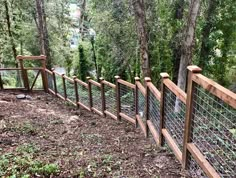 a wooden and wire fence in the woods