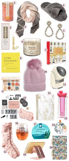 a collage of different items including hats, scarves and perfume bottles with the words love wonder written on them