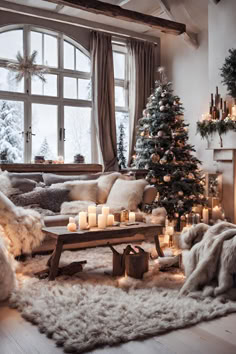 a living room decorated for christmas with candles