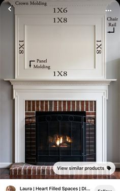 a fireplace with measurements for the mantle and mantels on each side, along with an arrow pointing up