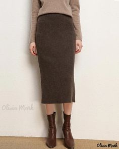 OliviaMark - Elegant High-Waisted Wool Knitted Midi Skirt - Featuring a Split Hem, Flattering Bodycon Fit, and Timeless Length Wool Midi Skirt, Plus Size Bohemian, Ankle Length Skirt, Skirts Midi High Waisted, Knit Midi Skirt, Wrap Around Skirt, Half Skirt, Sophisticated Dress, High Waisted Flares