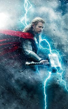 thor is holding an ax in the air with lightning coming out of his chest and behind him