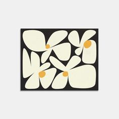 a black and white painting with yellow dots on it's edges, in the shape of an abstract flower