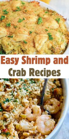 shrimp and crab casserole in a white dish