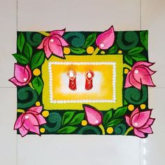 a painting on the wall with pink flowers and green leaves