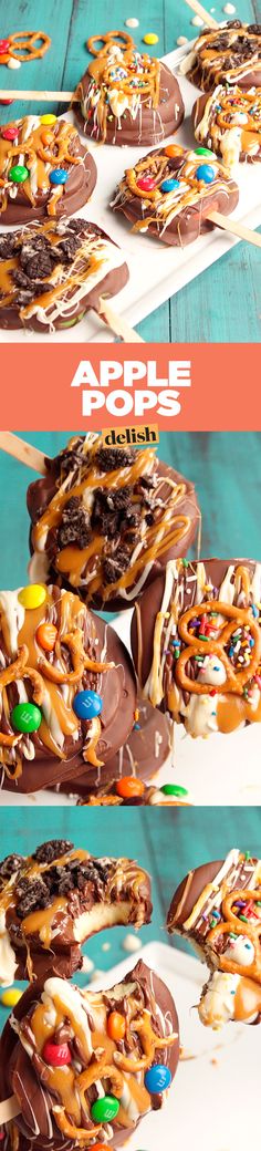 an apple pops dessert with chocolate, caramel and pretzel toppings