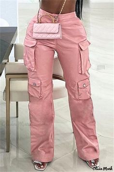 Olivia Mark - Women's High-Waisted Straight-Leg Cargo Pants Under Armour Clothes, Pink Cargos, Leather Pants For Women, Pink Cargo Pants, High Waist Fashion, Trouser Style, Cargo Pants Women, Ankle Length Pants, Faux Leather Pants