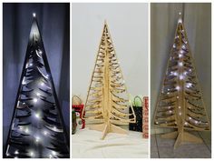 three different types of christmas trees with lights