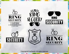 the logos for ring security are shown in black and white, with colorful flowers around them