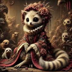 a painting of a raccoon dressed up as a queen surrounded by other animals