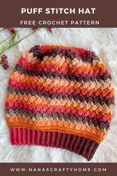 a crocheted hat with text that reads puff stitch hat free crochet pattern