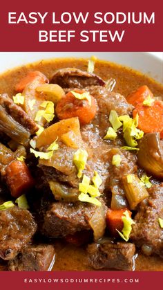 beef stew with carrots and onions in a red broth, served on a white plate