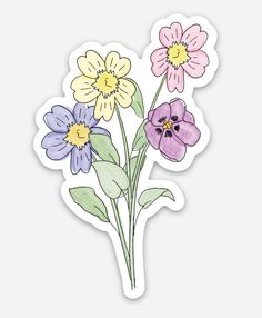 three flowers are shown on the side of a sticker, with green leaves and yellow centers