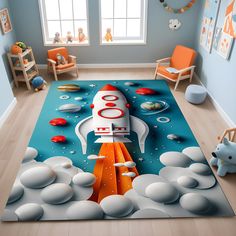 a kid's room with a rocket ship rug on the floor