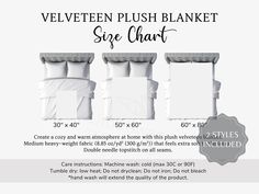 velvet plush blanket set size chart