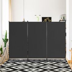 a room divider in front of a black and white rug with a plant on the floor