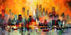 an abstract painting of a cityscape with yellow and orange colors on the skyline