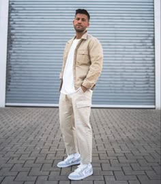 White And Tan Outfit Men, Mens Ecru Jeans Outfits, White And Khaki Outfit Men, All Beige Outfit Men, Easter Outfit Men Casual, Men’s Tan Pants Outfit, White Beige Outfit Men, Cream Cargos Outfits Men, White And Cream Outfit Men