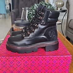 Brand New Gorgeous Black Calf Leather Lug Sole Boots. Comes With Box. Tory Burch Lila Boots, Black Tory Burch Boots, Lug Sole Boots, Tory Burch Miller, Lug Sole, Tory Burch Shoes, Lace Up Boots, Calf Leather, Shoe Laces