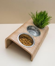 two metal bowls with grass in them on a white table next to a cat food dish