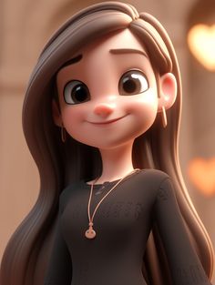 a cartoon girl with long brown hair wearing a black dress and gold necklace, standing in front of a building