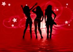 three women are silhouetted against a red and white background with stars in the air