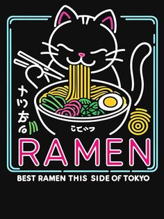 a cat eating ramen with chopsticks and an egg